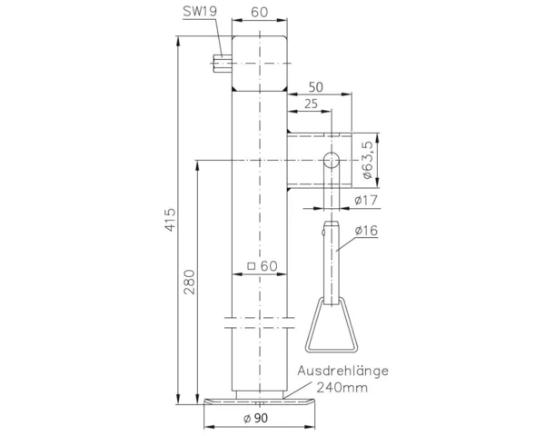 Støtteben 1350 kg. 60 x 415 mm. Klapbart